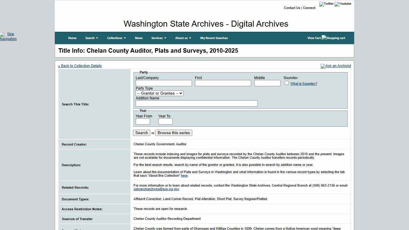 Washington State Archives, Digital Archives - Title Info: Chelan County Auditor, Plats and Surveys, 2010-2025